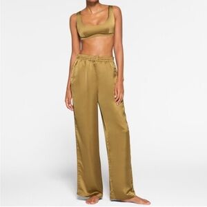 Skims Sporty Satin Straight Leg Lounge PJ Pants Mustard Gold kinda Green